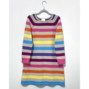 Hanna Andersson Girls Sweater Dress 140 Beige Yellow Blue Striped Crew Neck